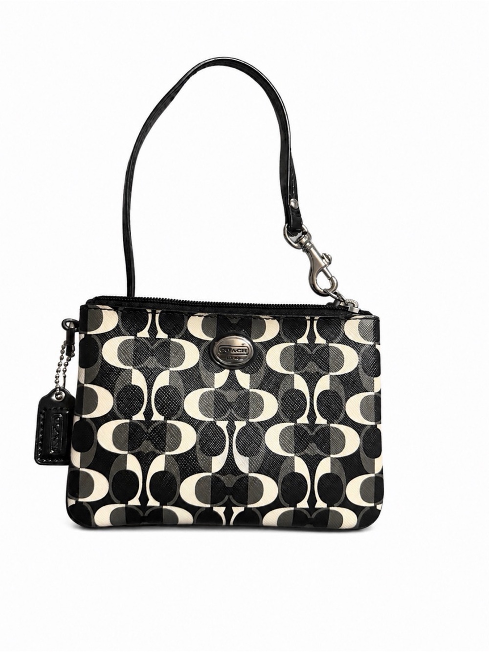 Coach Signature Optic C Black Gray Cream Wristlet Pouch